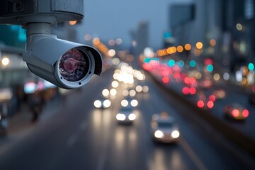 Camera Monitors Busy Urban Street With Cars and City Lights at Night in High Resolution