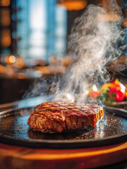 Juicy grilled steak sizzling on a hot cast iron plate with steam rising in a cozy restaurant setting showcasing a flavorful and tender meat cut