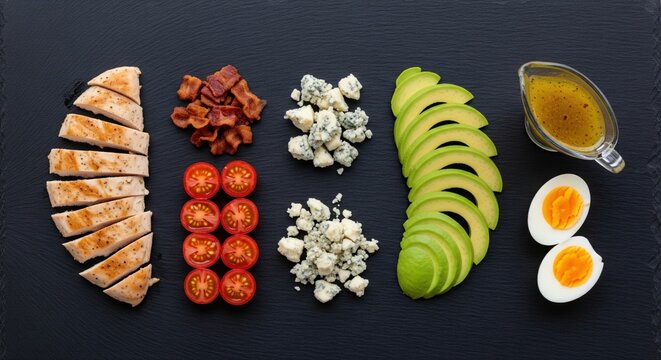 Deconstructed cobb salad ingredients knolling with chicken bacon avocado and egg on black slate