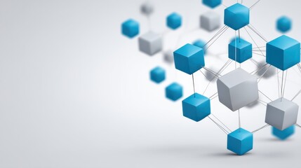Abstract geometric design of interconnected blue and gray cubes floating in space representing technology, data, and digital networks in a modern composition
