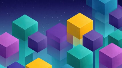 Colorful geometric shapes create a vibrant abstract landscape with cubes in various colors and gradients against a starry night background