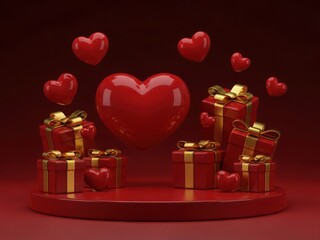 Large red heart surrounded by gifts and smaller hearts