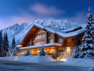 Cozy wooden chalet nestled in snow-covered mountains, illuminated by warm lights, surrounded by tall evergreen trees, creating a serene winter retreat atmosphere