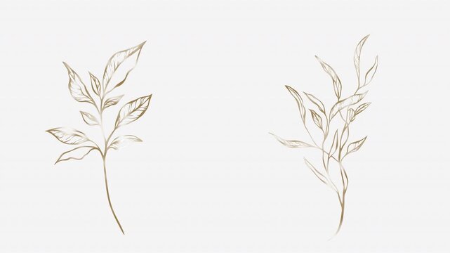 Seamless looping animation of two gold botanical line art branches softly swaying side to side. Clean minimal floral overlay backdrop for wedding designs, spring promotions, social posts, titles, and 