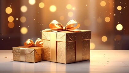 Two gold gift boxes on a table with bokeh lights