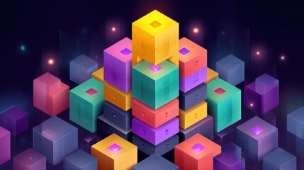 Obraz premium Colorful Geometric Cubes Stacking in a Vibrant Digital Landscape with Soft Glows and Light Effects for Abstract Art and Design Projects