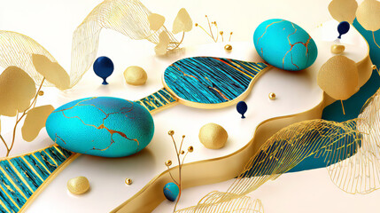 Abstract 3d digital illustration. composition consists of features elements reminiscent of stylized Easter eggs, golden spheres and abstract ribbons.