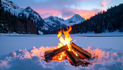 A campfire burns brightly in the snow with snow-capped mountains at dusk burning 