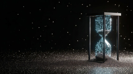 Hourglass with geometric sand particles transforming into binary code as they fall. Monochrome design with glowing blue accents on the glass surface.