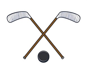 Two crossed hockey sticks and a puck