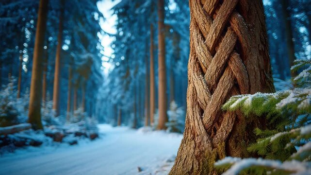 Snowy forest path with braided tree trunk and evergreen trees
