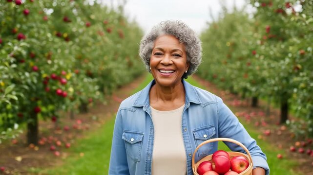 Smiling senior woman harvesting ripe apples in orchard, carrying basket of fresh fruit among lush trees on a bright autumn day, 4k video
