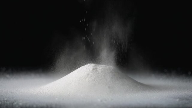 Close-up shot of white powder erupting into the air against a dark background with a dramatic mood.