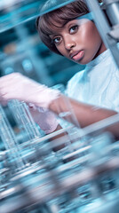 African American female scientist in protective gloves examines microbial growth under sterile lab conditions. Incubator shelves reflect warm light