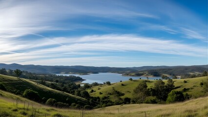 Obraz premium Rolling green hills meet a serene lake under a vast blue sky, world wetlands day concept.