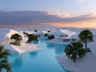 Modern architectural design featuring white geometric structures surrounded by tranquil water, palm trees, and a serene landscape at sunset, creating a peaceful atmosphere
