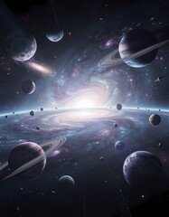 Deep Space View with Spiral Galaxy and Diverse Planets