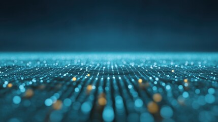Abstract view of glowing particles scattered across a dark background, creating a futuristic and digital atmosphere with shimmering lights and depth effect