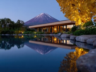 Serene landscape featuring a modern wooden house by a tranquil lake, surrounded by vibrant autumn foliage and a majestic mountain reflecting in the water at dusk