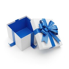 Open gift box with blue ribbon isolated on white background