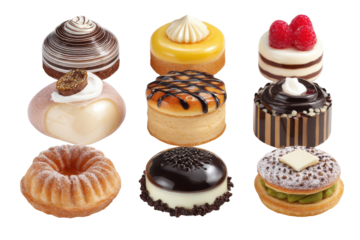 A row of nine different kinds of cakes