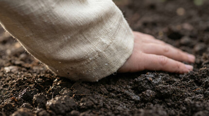 Nurturing hand touching rich garden soil
