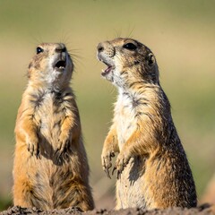 Two prairie dogs standing upright, vocalizing