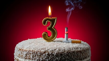 A cake with a burning cigarette and number three candle signifying a milestone