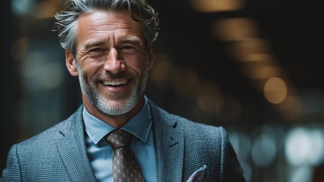 A senior Caucasian man with gray hair and a beard adjusts his tie while wearing a suit in a modern office setting. Soft lighting enhances the professional atmosphere.