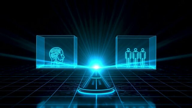 Blue holographic projection showing a human head icon and three person figures above a dark grid floor