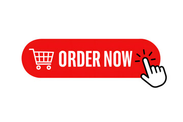 Order now button with shopping cart icon and clicking hand cursor for online purchases.