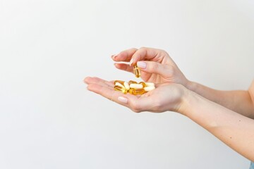 Woman's Hands Holding Yellow Oil Gel Capsules or Nutritional Supplements