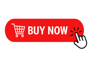 Red buy now button with shopping cart icon and clicking hand cursor for online shopping.