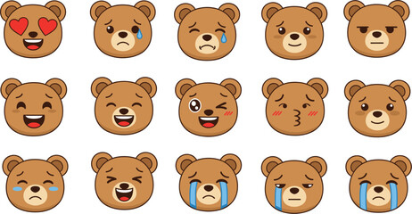 Fototapeta premium Large set of cute teddy bear emoji faces featuring various expressions including happy sad crying laughing and heart eyes isolated vector illustration