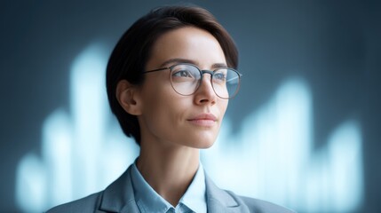 Confident Business Woman in Formal Attire with Glasses Gazing Into Future with Abstract Gradient Background of Financial Graphs and Trends