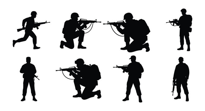 Silhouette depictions of soldiers in various combat postures with weaponry
