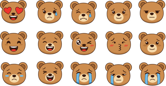 Large set of cute teddy bear emoji faces featuring various expressions including happy sad crying laughing and heart eyes isolated vector illustration