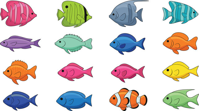Large set of colorful tropical fish and coral reef species featuring clownfish angelfish and tangs in various vibrant colors isolated vector illustration