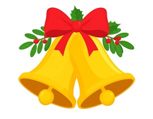 Two golden Christmas bells with a red ribbon bow and holly