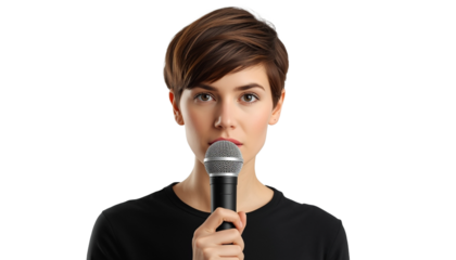A woman holding a microphone on transparent background