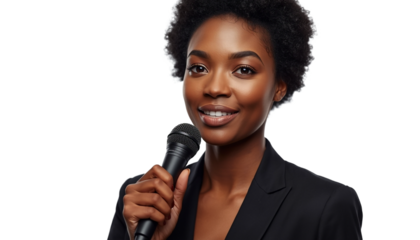 A smiling African American woman holding a microphone on transparent background