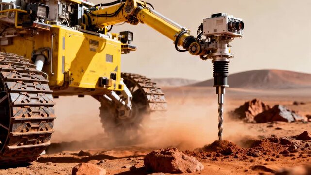 Autonomous yellow mars rover drilling red rocky soil with robotic arm in dusty extraterrestrial desert landscape under clear sky, 4k video