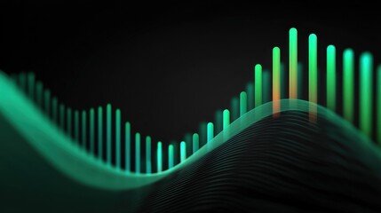 Abstract digital sound wave background with vibrant green bars representing sound frequencies on a dark backdrop for creative design projects