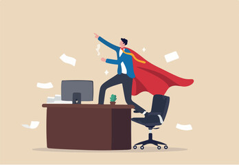 Effective work, productive office effort or efficiency, motivation to finish task or accomplishment, solution idea, performance or challenge concept, businessman superhero finish work on office desk.