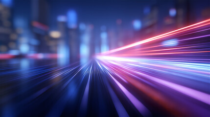 Futuristic city light trails with motion blur in purple and blue tones. Speed, data flow, and next-generation technology concept for networking, 5G, and digital innovation.