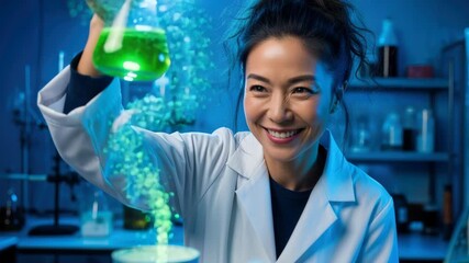 Innovative asian female scientist pouring glowing green liquid in futuristic laboratory, smiling while conducting exciting chemical experiment, 4k video - Powered by Adobe