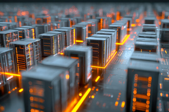 Futuristic data center with rows of illuminated servers connected by glowing orange circuits in a high-tech digital network environment - Powered by Adobe