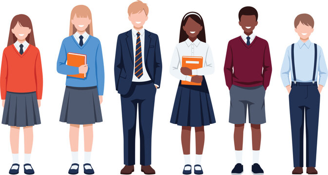 Diverse group of happy students wearing classic school uniforms and standing with books featuring boys and girls in sweaters blazers and skirts vector illustration