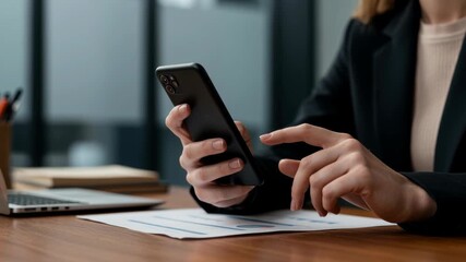 Businesswoman using smartphone at office desk for messaging and communication near open laptop and printed financial documents, 4k video - Powered by Adobe