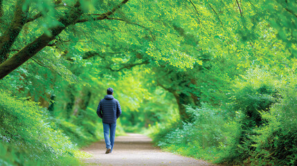 Person walking alone on a quiet path under lush green trees forming a natural tunnel. Peaceful outdoor scene, mindfulness and slow travel concept with copy space.